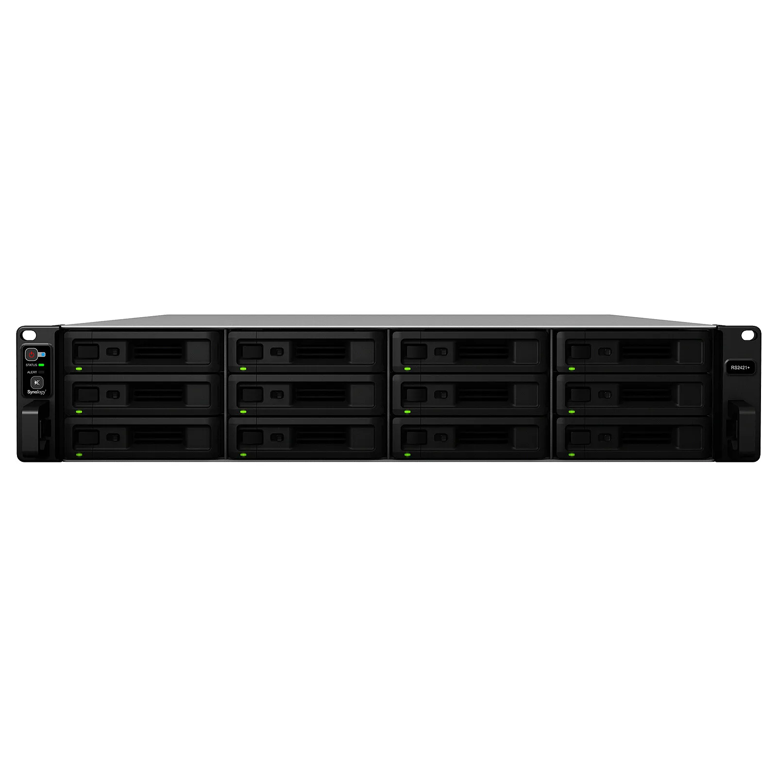 Synology RackStation RS2421+ serveur nas rackable  Processeur AMD Ryzen Embedded V1500B (Quad-Core 2.2 GHz – 8 Threads) RAM DDR4 SODIMM 4 Go (extensible jusqu’à 32 Go)  12 baies SATA 6 Gbps 2